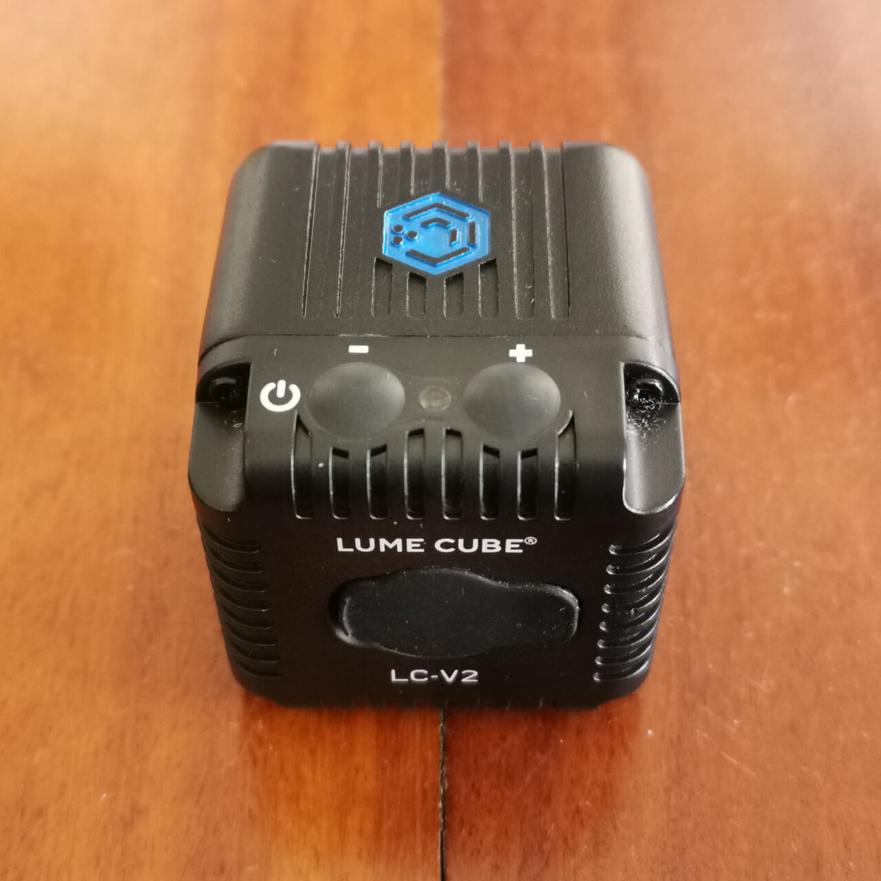 The LumeCube 2.0 has two buttons and a USB-C charging port