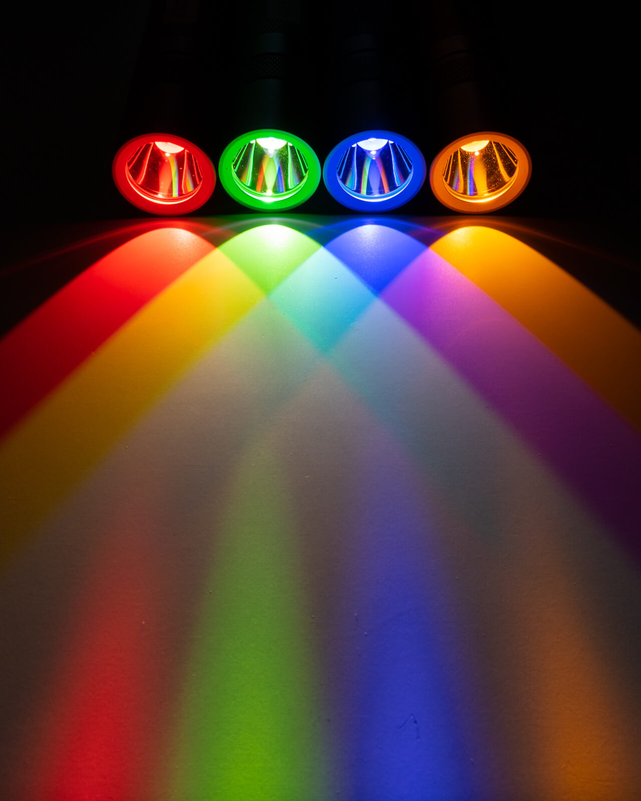 Convoy S2+ torches. with Osram CSLNM1.23 (Red), F1 (Green broad spectrum), .14 (Blue), and .FY (Orange-Yellow broad spectrum) emitters.